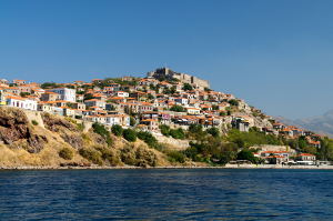 The Greek town of Molyvos on the Island of Lesvos built on a hillside